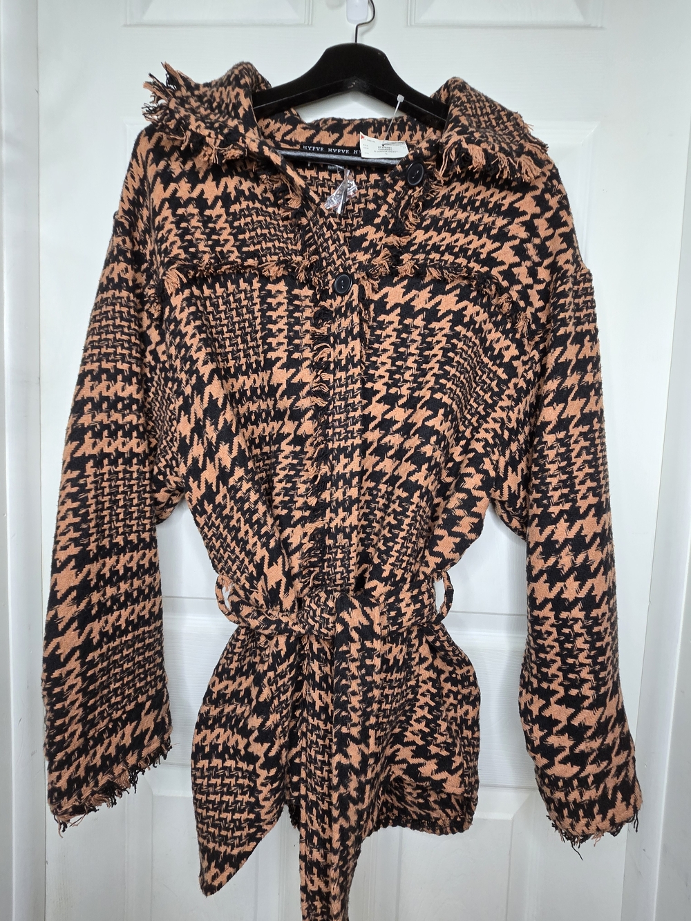 HYFVE Caramel Houndstooth Belted Jacket Shacket Womens Size Large Autumn Fall